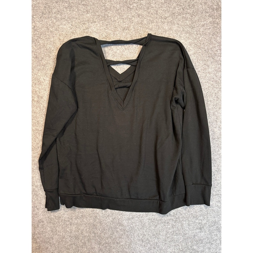 Freely Womens XL Black Strappy V-Neck Open Back Long Sleeve Sweatshirt Pullover